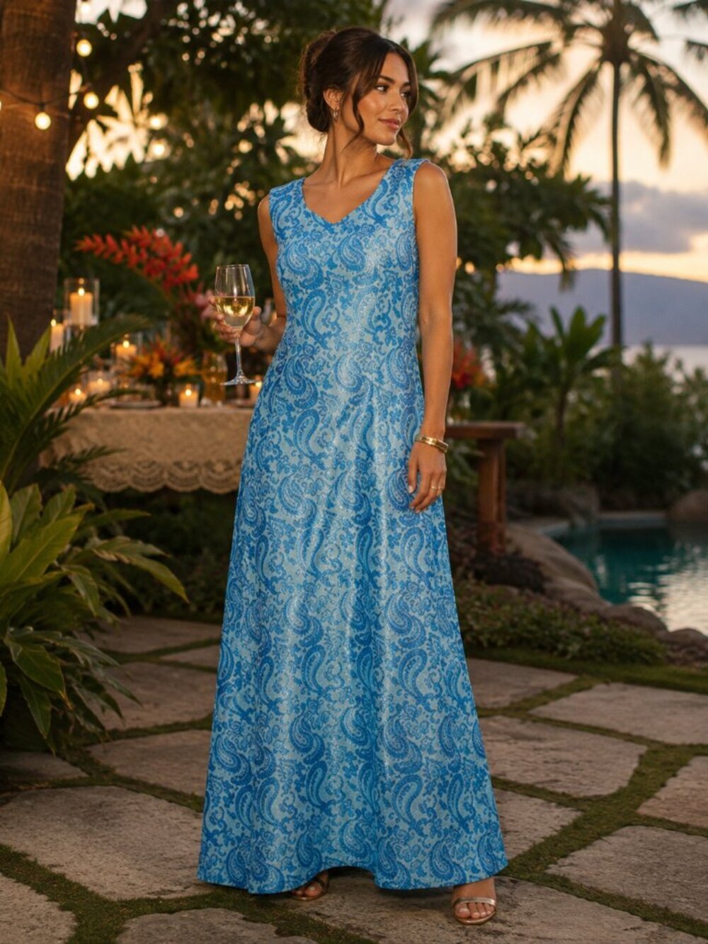 Vtg 1960s mcm mid century blue metallic Lurex paisley maxi dress volup